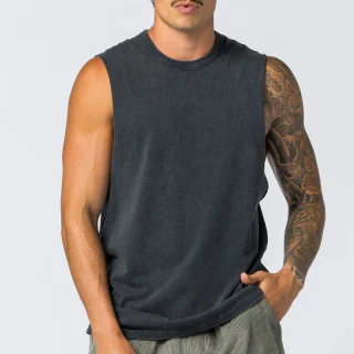 Camiseta sin mangas de algodón pesado con lavado ácido para hombre · 1
