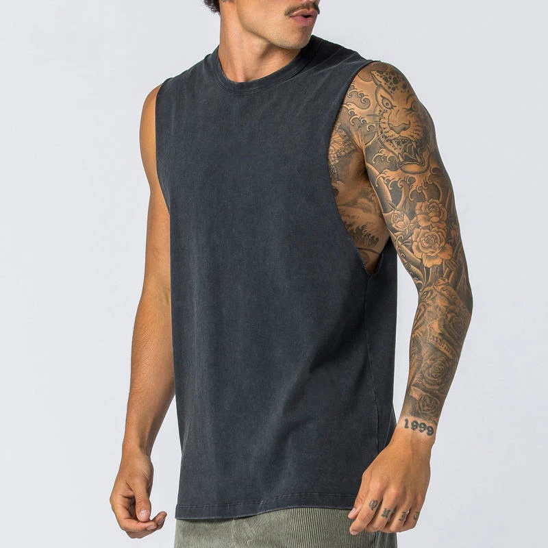 Camiseta sin mangas de algodón pesado con lavado ácido para hombre · 2