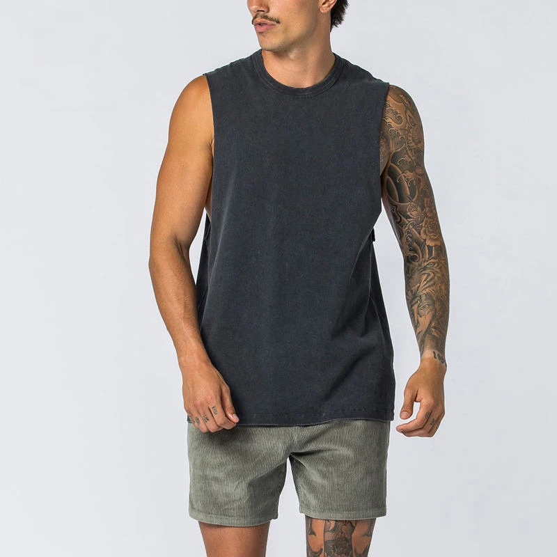 Camiseta sin mangas de algodón pesado con lavado ácido para hombre · 5