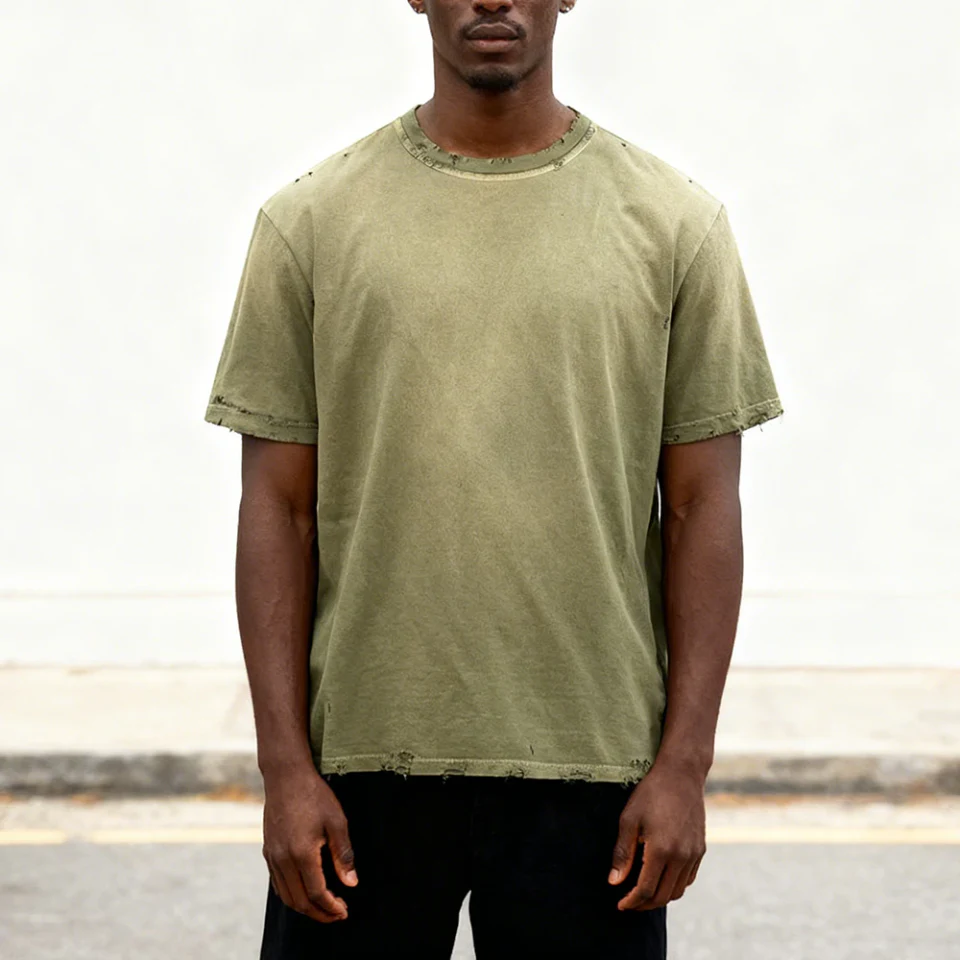 เสื้อยืดโอเวอร์ไซส์ผ้าฝ้ายฟอกกรดทรงกล่องสำหรับผู้ชาย