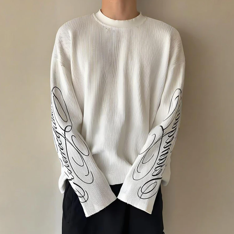 เสื้อยืดแขนยาวผ้าถักวาฟเฟิลขนาดใหญ่สำหรับผู้ชาย