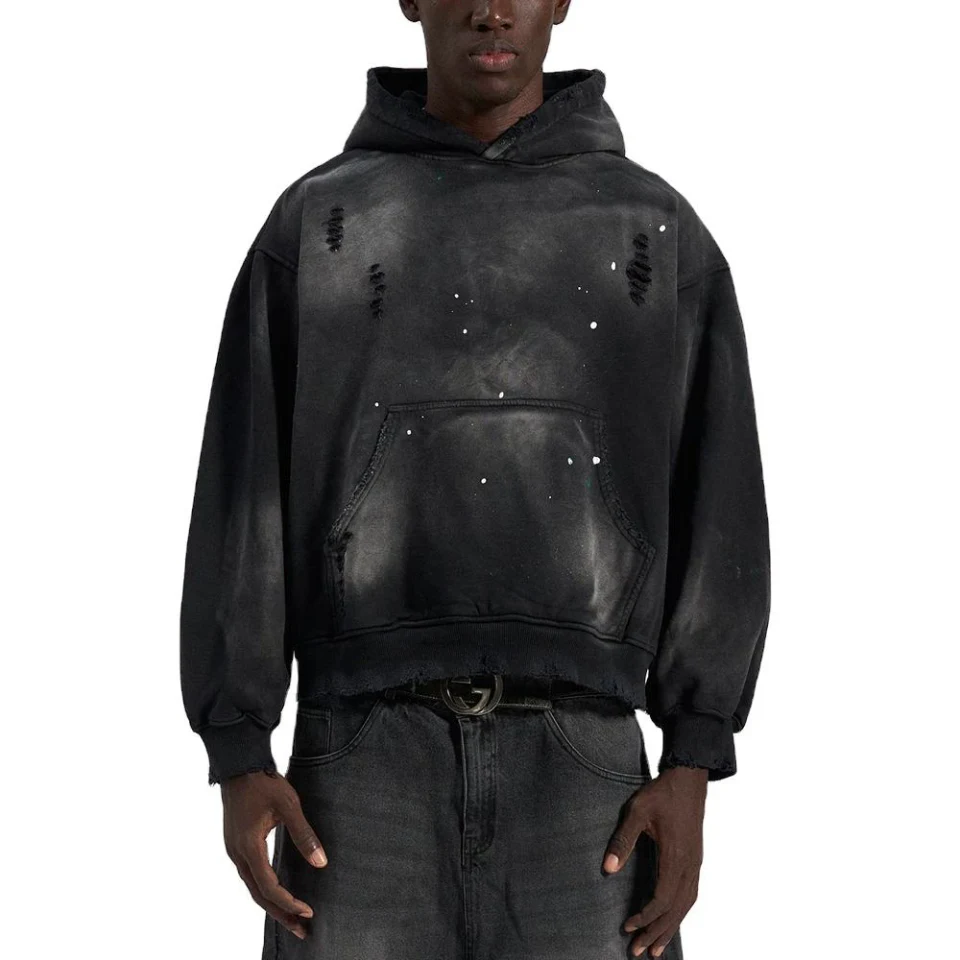 Übergroßer, schwerer Herren-Kapuzenpullover aus Acid-Wash-Baumwolle · 4