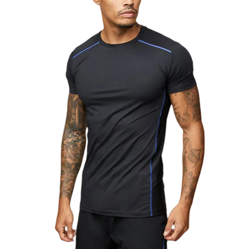 Fitted dark gym T-shirt with contrasting shoulder and body seams